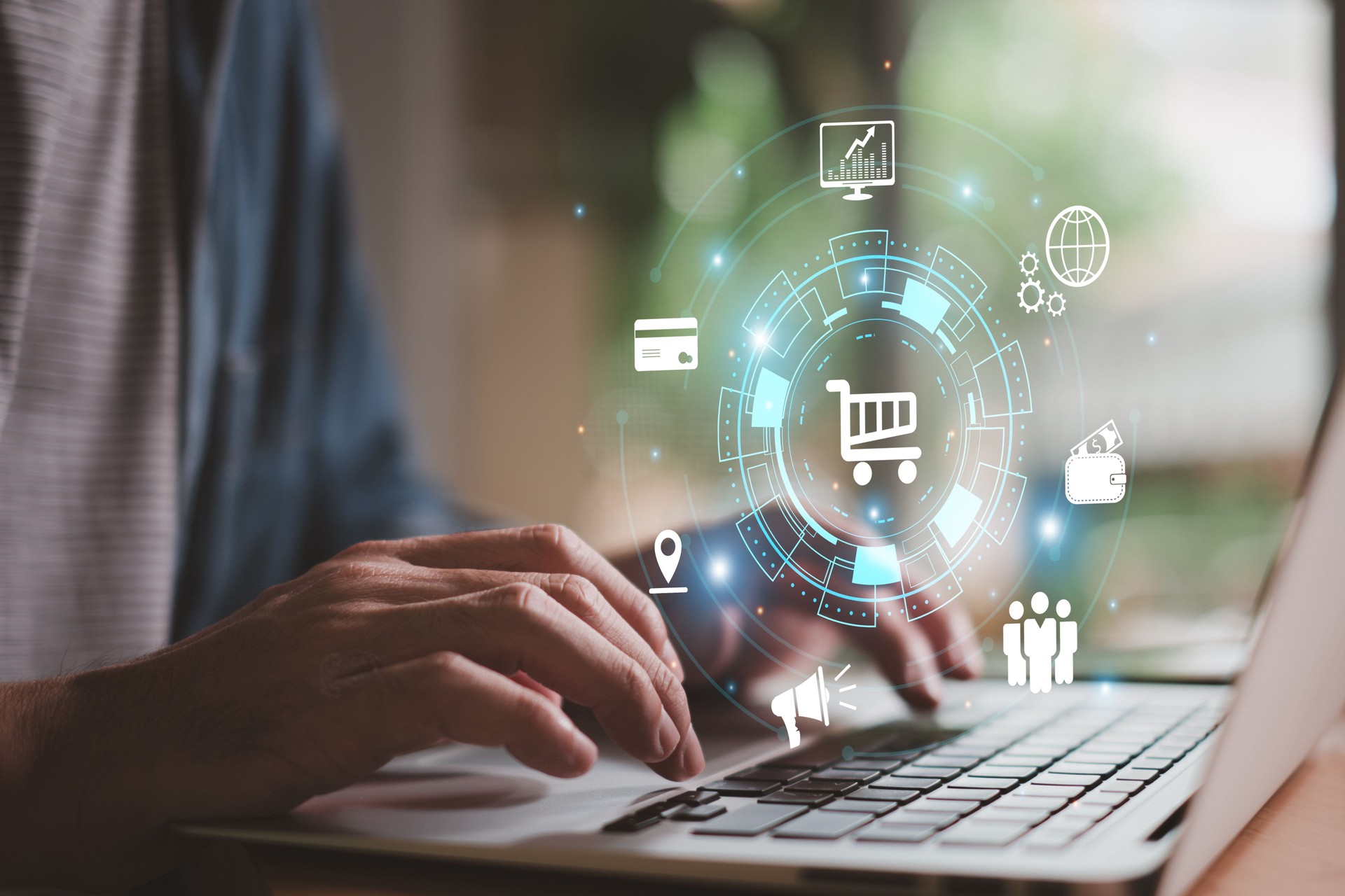 Business or entrepreneur using computer for E-commerce or online shopping business with SEO and customer data management with global online sale platform.